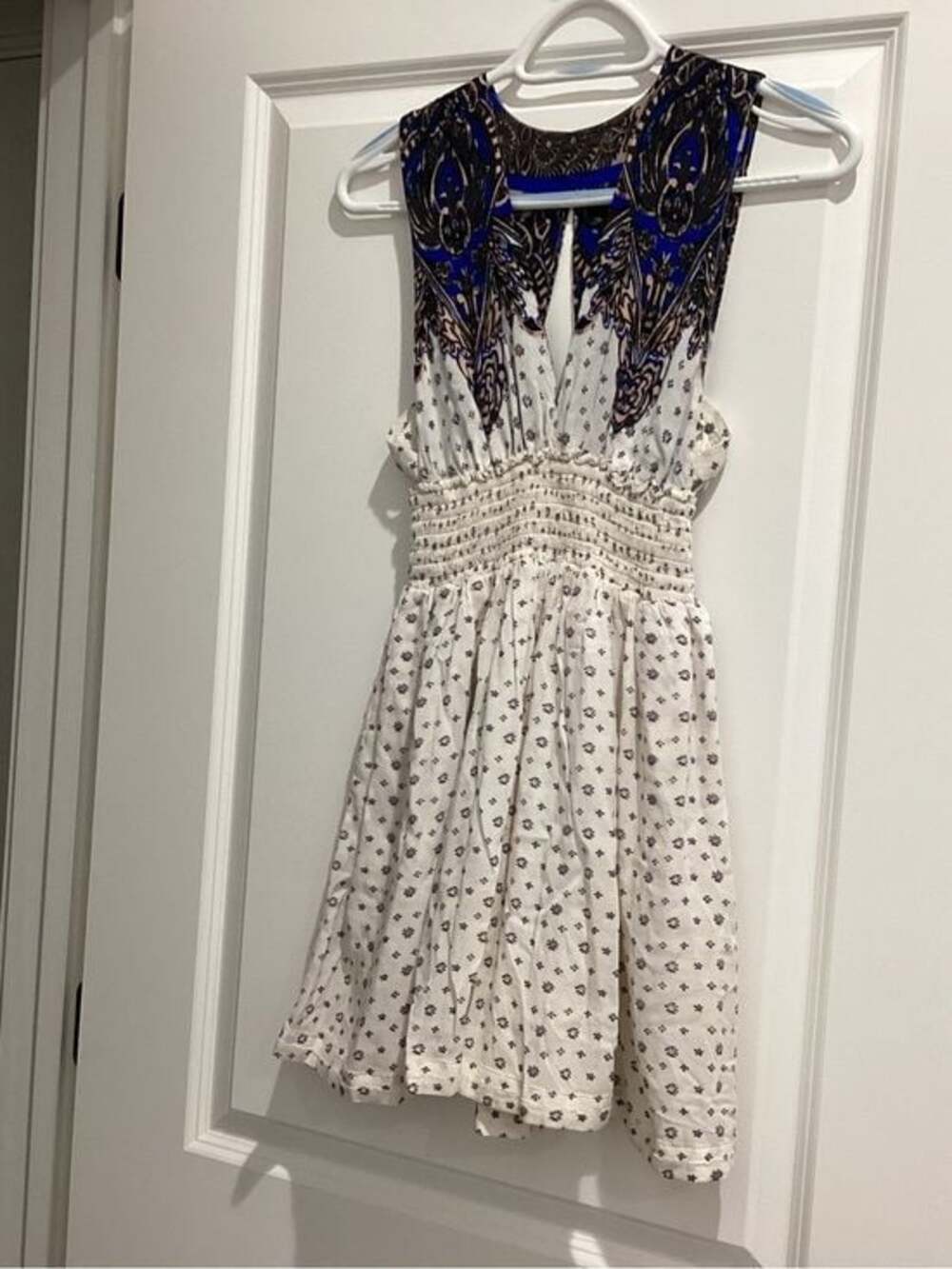 Free People White Mini Dress with Blue & Black Yoke - NWOT - Size XS